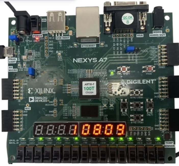 Nexys A7 FPGA board running reaction timer display