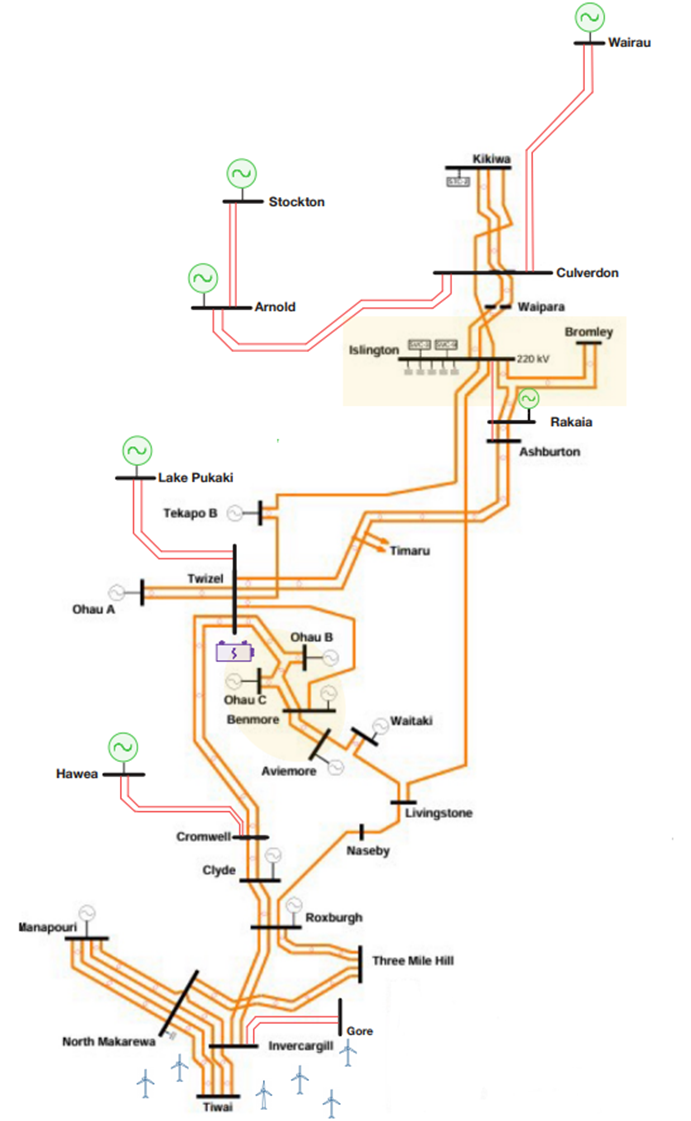 Modified South Island transmission network model after recommended upgrades
